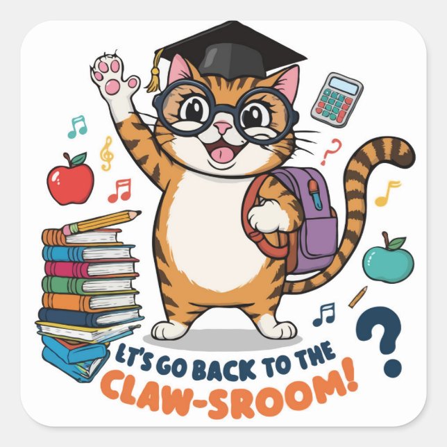 Back to School Cat - Funny Classroom Decor Square Sticker (Front)