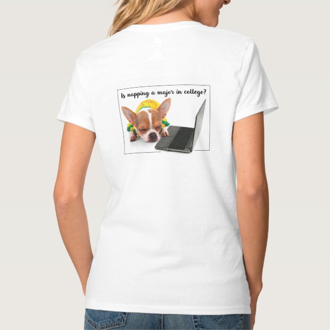Back to School College Funny Napping Dog on Laptop T-Shirt (Back)