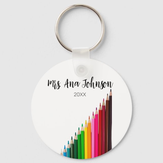 Back to school colour pencils add name class year key ring (Front)