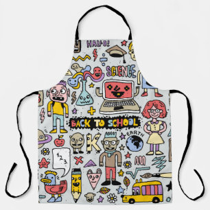 Back to school colourful doodle set. Vintage illus Apron