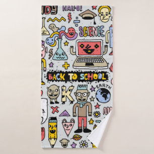 Back to school colourful doodle set. Vintage illus Bath Towel