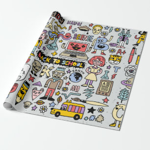 Back to school colourful doodle set. Vintage illus Wrapping Paper