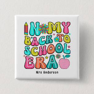 Back to school colourful retro teacher 15 cm square badge