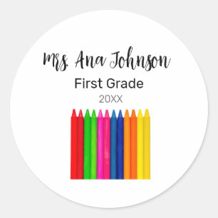 Back to school crayons add name grade class year classic round sticker