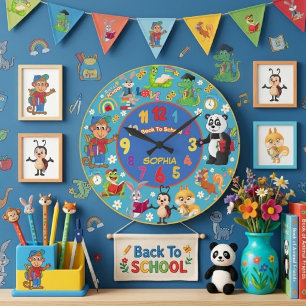 BACK TO SCHOOL CUTE ANIMALS CUSTOMIZABLE NAME ROUND CLOCK