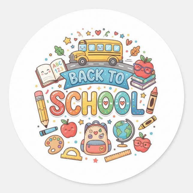 Back to school. Cute. Colourful.  Classic Round Sticker (Front)