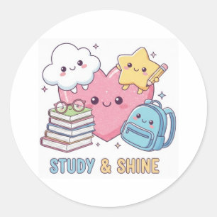 Back To School Cute Kawaii Study and Shine Classic Round Sticker