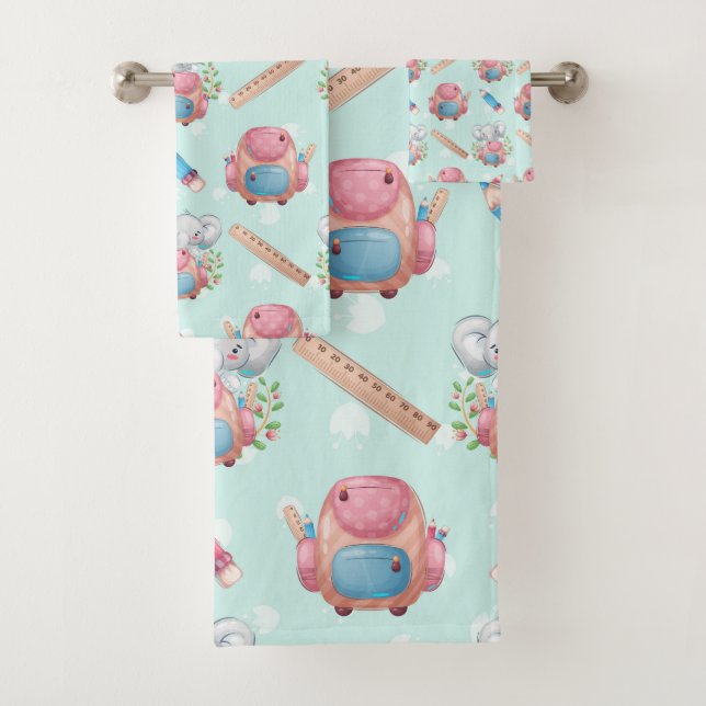 Back to School Elephant Pattern Bath Towel Set (Insitu)
