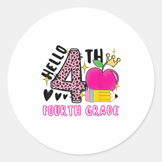 Back To School First Day Hello 4th Grade Leopard F Classic Round Sticker (Front)