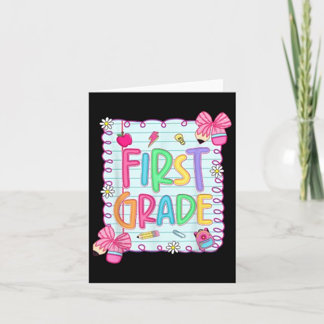 Back To School First Grade Coquette Pencil Bow Tea Card (Front)