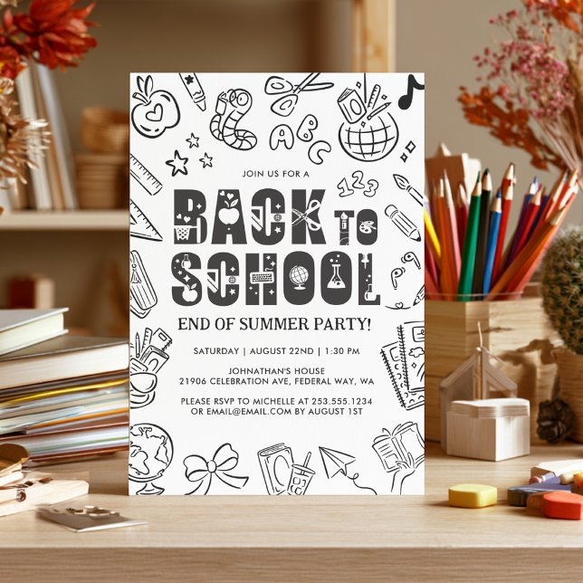 Back To School Handdrawn End Of Summer Party Invitation (Back To School Handdrawn End Of Summer Party Invitation)