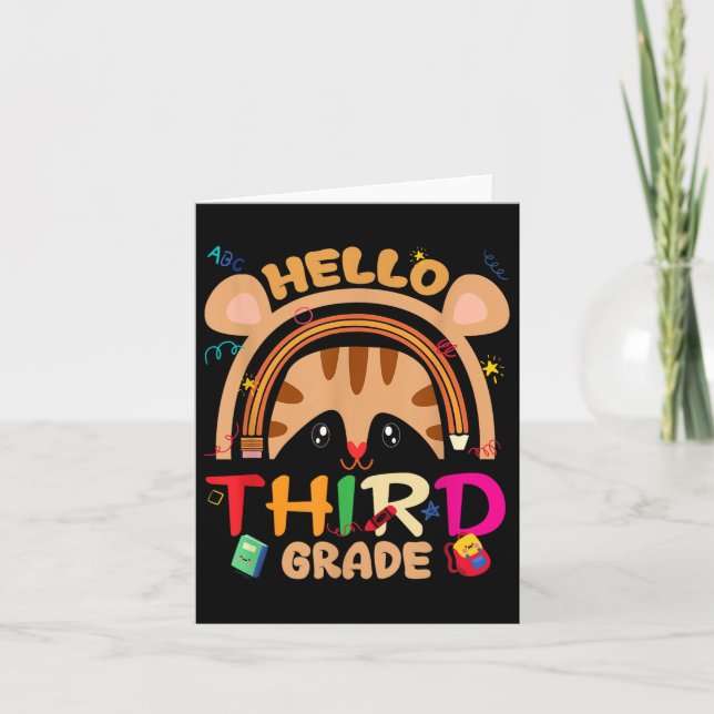 Back To School Hello Third Grade Rainbow Tiger Boy Card (Front)