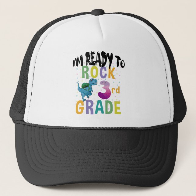 Back To School I'm Ready To Crush 3rd Grade Dino Trucker Hat (Front)