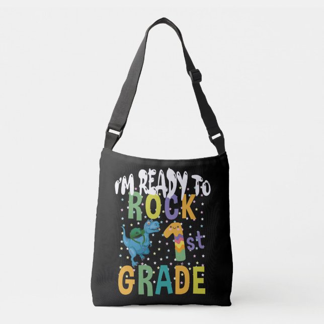 Back To School I'm Ready To Rock 1st Grade Dino Crossbody Bag (Front)