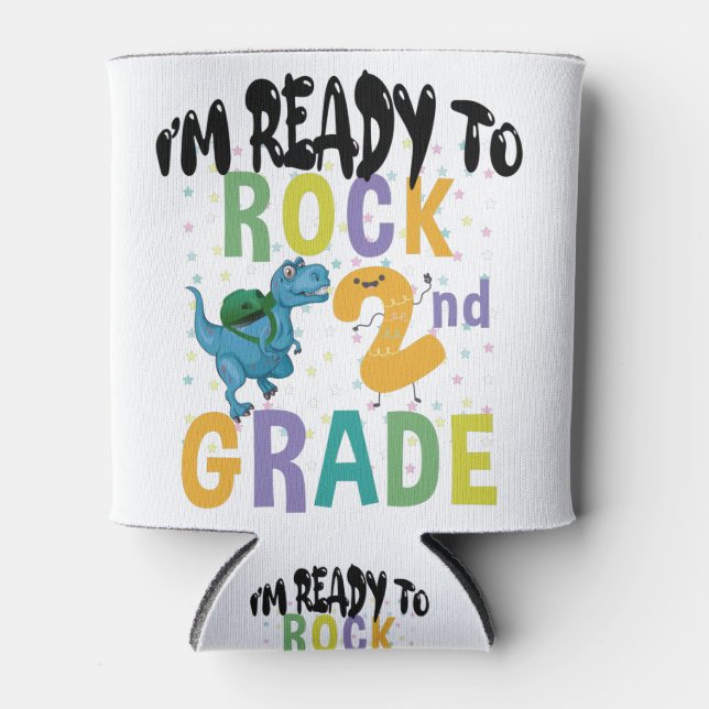 Back To School I'm Ready To Rock 2nd Grade Dino Can Cooler (Front)