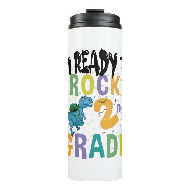 Back To School I'm Ready To Rock 2nd Grade Dino Thermal Tumbler (Front)
