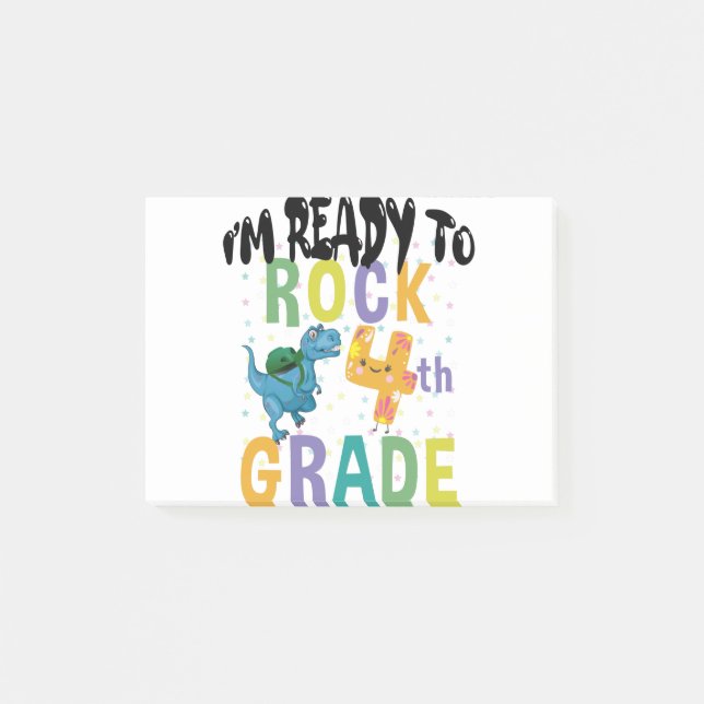 Back To School I'm Ready To Rock 4th Grade Dino Post-it Notes (Front)