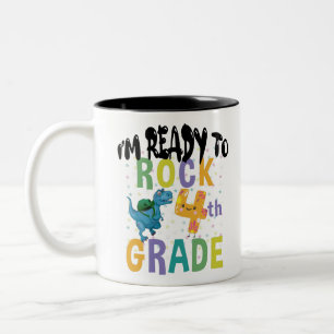 Back To School I'm Ready To Rock 4th Grade Dino Two-Tone Coffee Mug