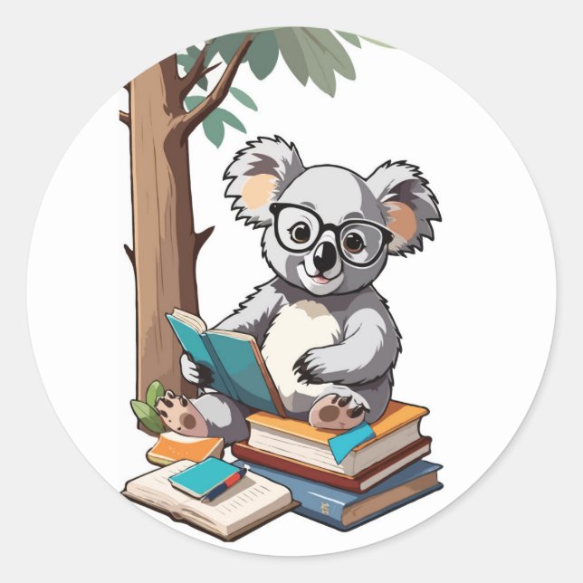 Back to School Koala - Studious Cartoon Character Classic Round Sticker (Front)
