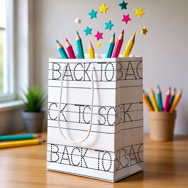 Back to school letters in black and white medium gift bag (Back to School Lined Notebook Style Teacher Medium Gift Bag)