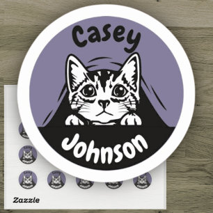Back to school name label, cute peeking cat classic round sticker