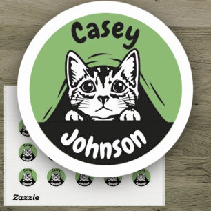 Back to school name label, cute peeking cat  classic round sticker