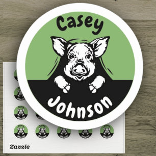 Back to school name label, cute peeking pig classic round sticker