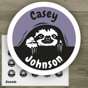 Back to school name label, cute peeking sloth classic round sticker