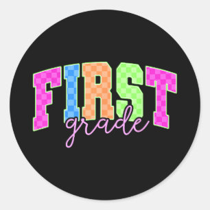 Back to school neon chequered first grade colourfu classic round sticker