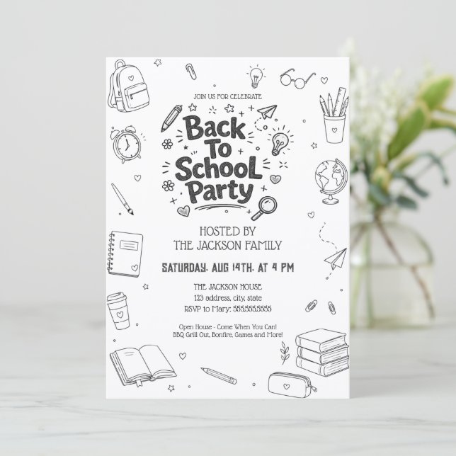 Back To School Party Doodle Invitation (Standing Front)