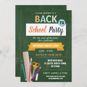 Back To School Party Green Chalkboard Fun Invite