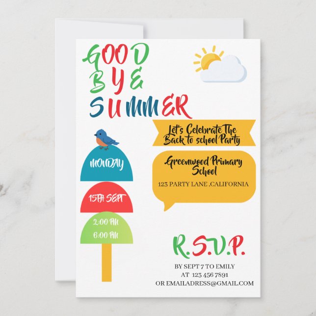 BACK TO SCHOOL PARTY OF SUMMER INVITATION  (Front)
