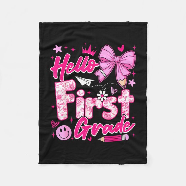 Back to school pink hello first grade coquette bow fleece blanket (Front)