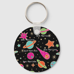 Back To School Space Rocket Pattern Name Key Ring