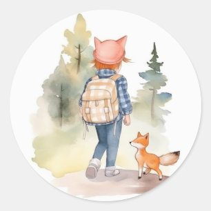 Back to school sticker Girl wearing backpack fox
