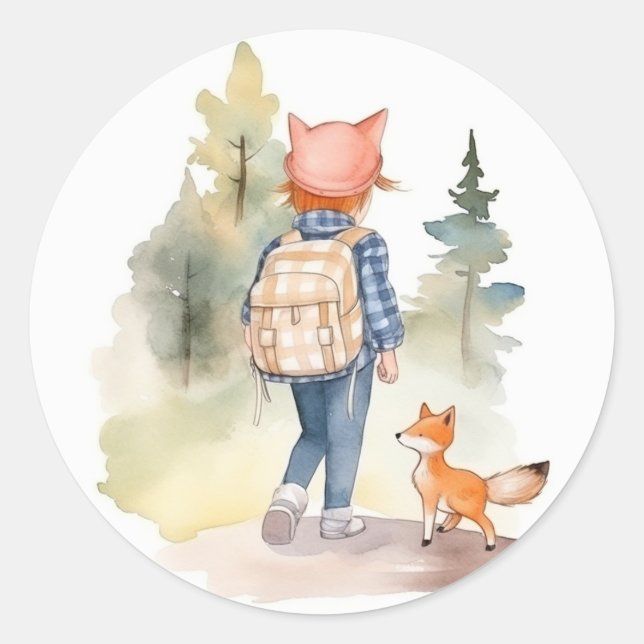 Back to school sticker Girl wearing backpack fox (Front)