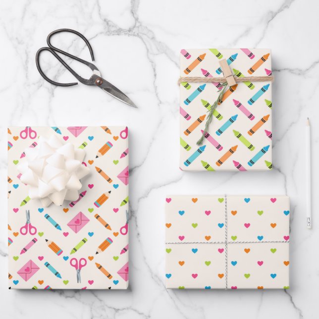 Back to School Supplies Crayons Hearts Pattern Wrapping Paper Sheet (Front)