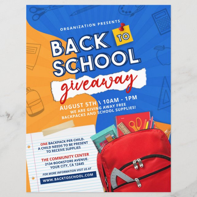 Back To School Supply & Backpack Giveaway Flyer (Front)