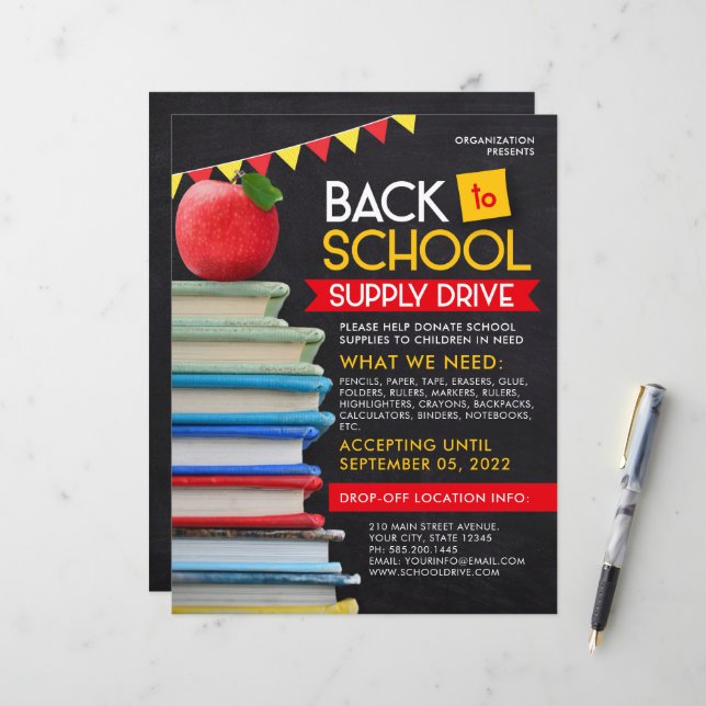 Back To School Supply Drive Fundraiser Flyer (Front/Back In Situ)