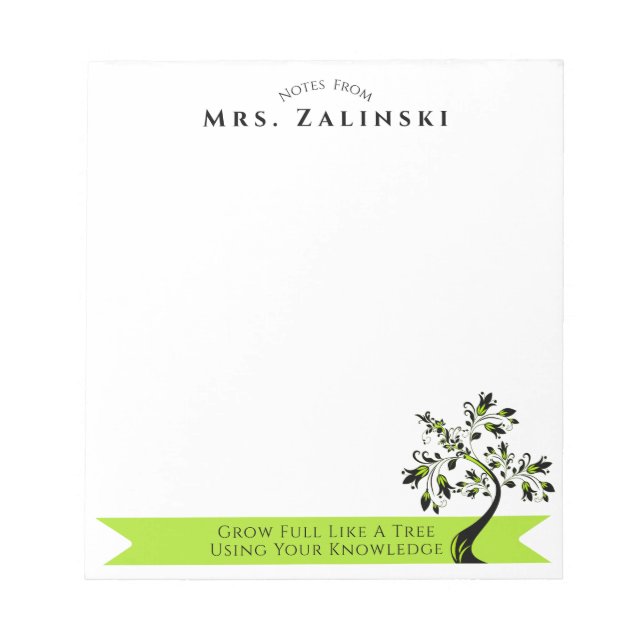 Back To School Teacher Green Floral Tree Custom Notepad (Front)