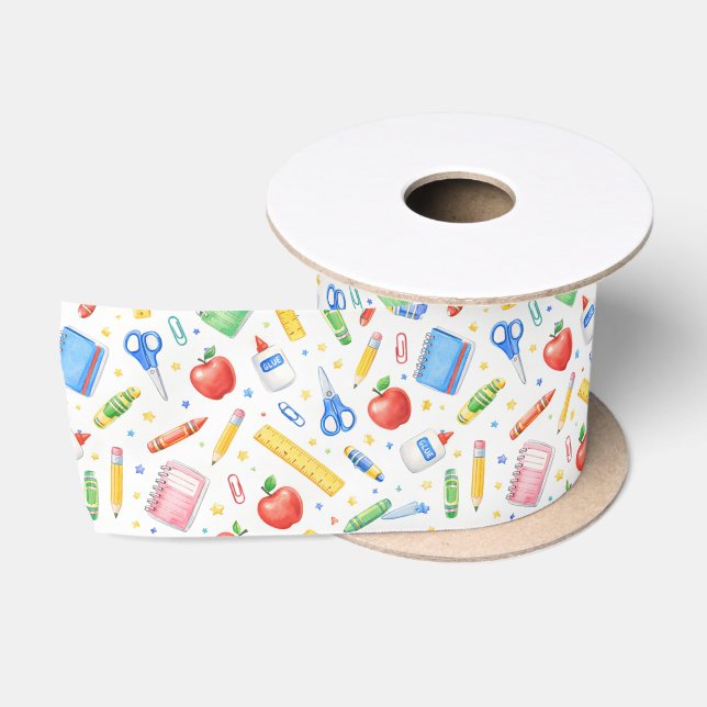 Back to School Watercolor Supplies Pattern Satin Ribbon (Spool)
