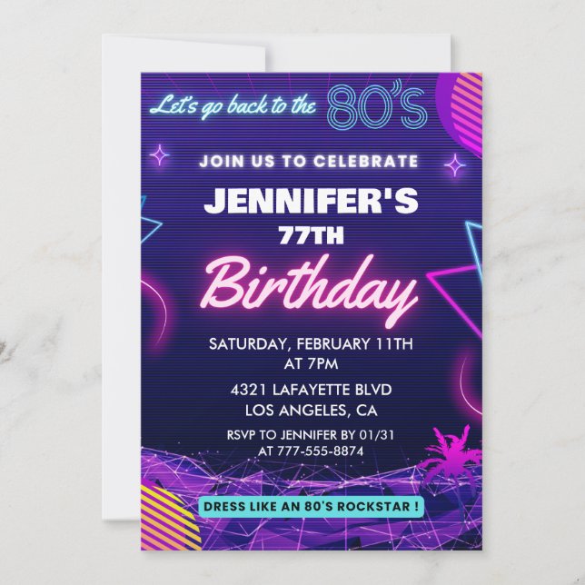 Back To The 80s Party 77th birthday invitations (Front)