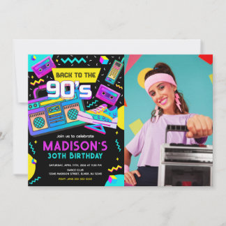 Back to the 90s Modern Retro Neon Photo Birthday Invitation