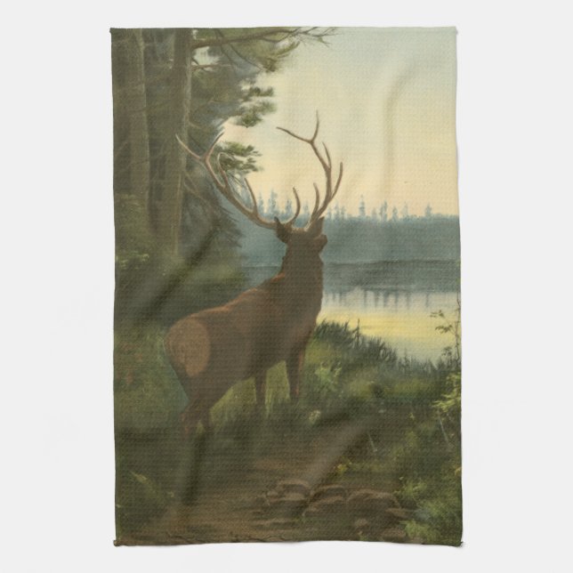 Back view of Elk Looking over a Lake Tea Towel (Vertical)