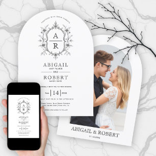 Back, white floral crest monogram arched wedding  invitation