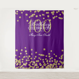 Backdrop 100th Birthday Gold Purple Confetti Tapestry