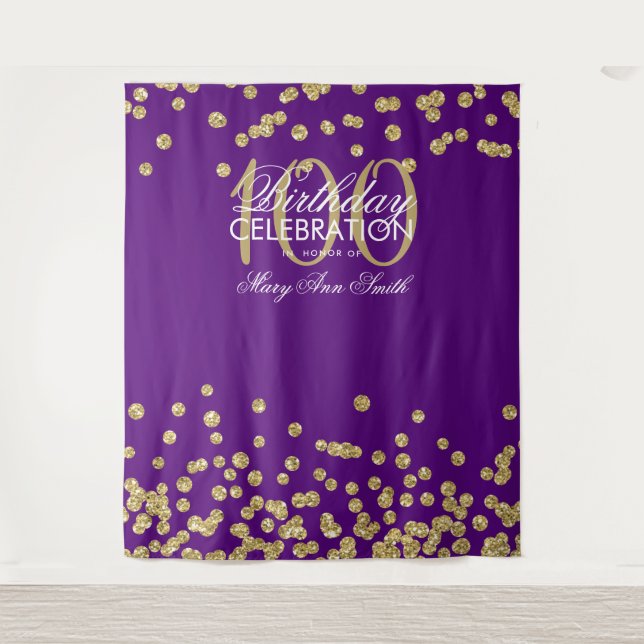 Backdrop 100th Birthday Gold Purple Confetti Tapestry (Front)