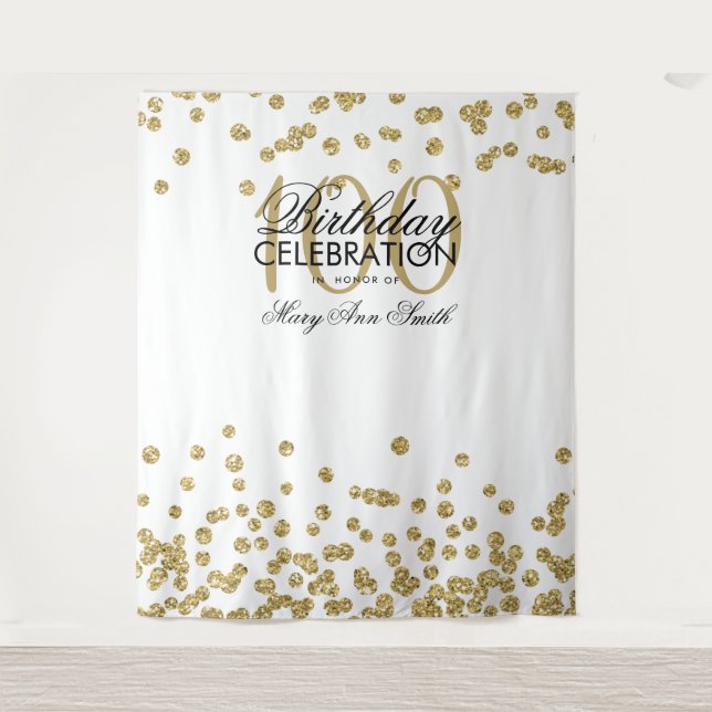 Backdrop 100th Birthday Gold White Confetti Tapestry (Front)