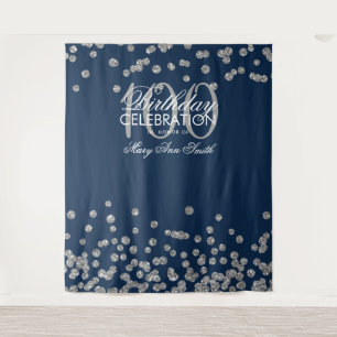 Backdrop 100th Birthday Silver Navy Blue Confetti Tapestry