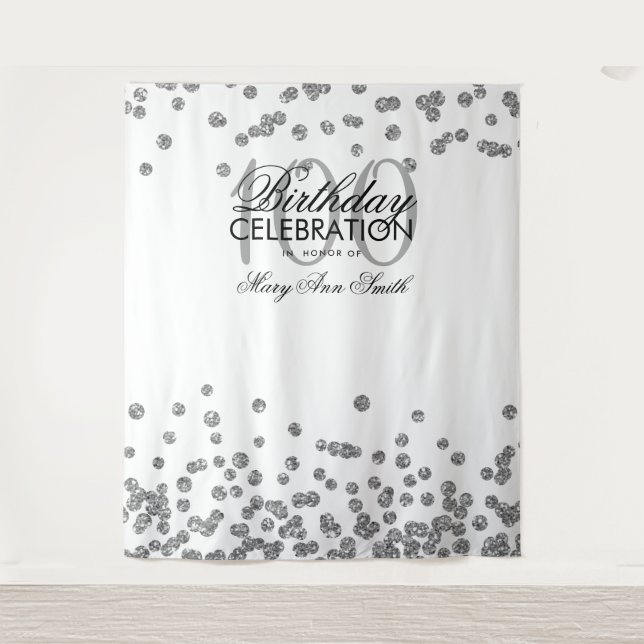 Backdrop 100th Birthday Silver White Confetti Tapestry (Front)